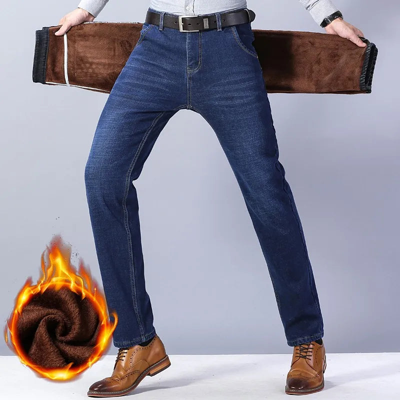 Winter New Men's Warm Blue Black Slim Jeans Classic Style Stretch Slim Fit Thick Pants Fashion Trousers Male Brand