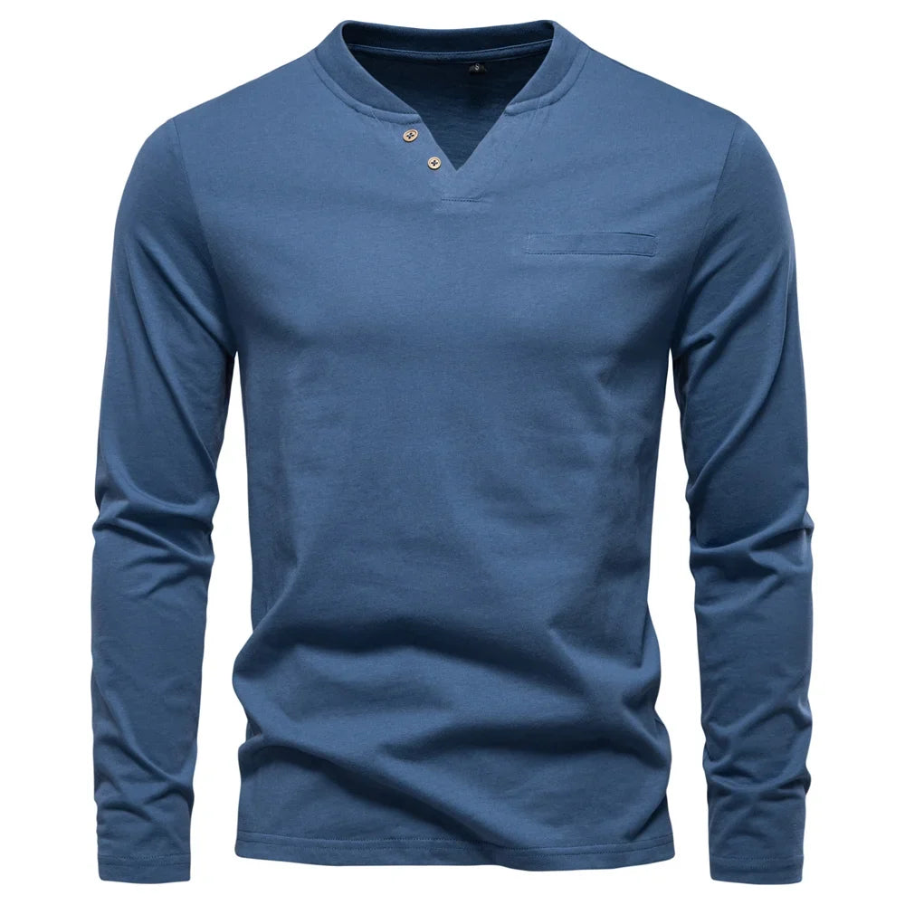 Men's 100% Cotton Henley T-Shirt Long Sleeve Solid Color with Fake Pocket Casual Comfortable Autumn Top
