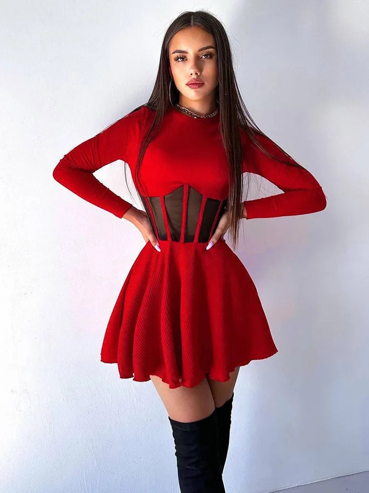 Fashion Solid Women's Mini Dresses A-Line Knitted Sheer Slim Fit Long Sleeves Bodycon O-Neck Party Streetwear Vestidos
