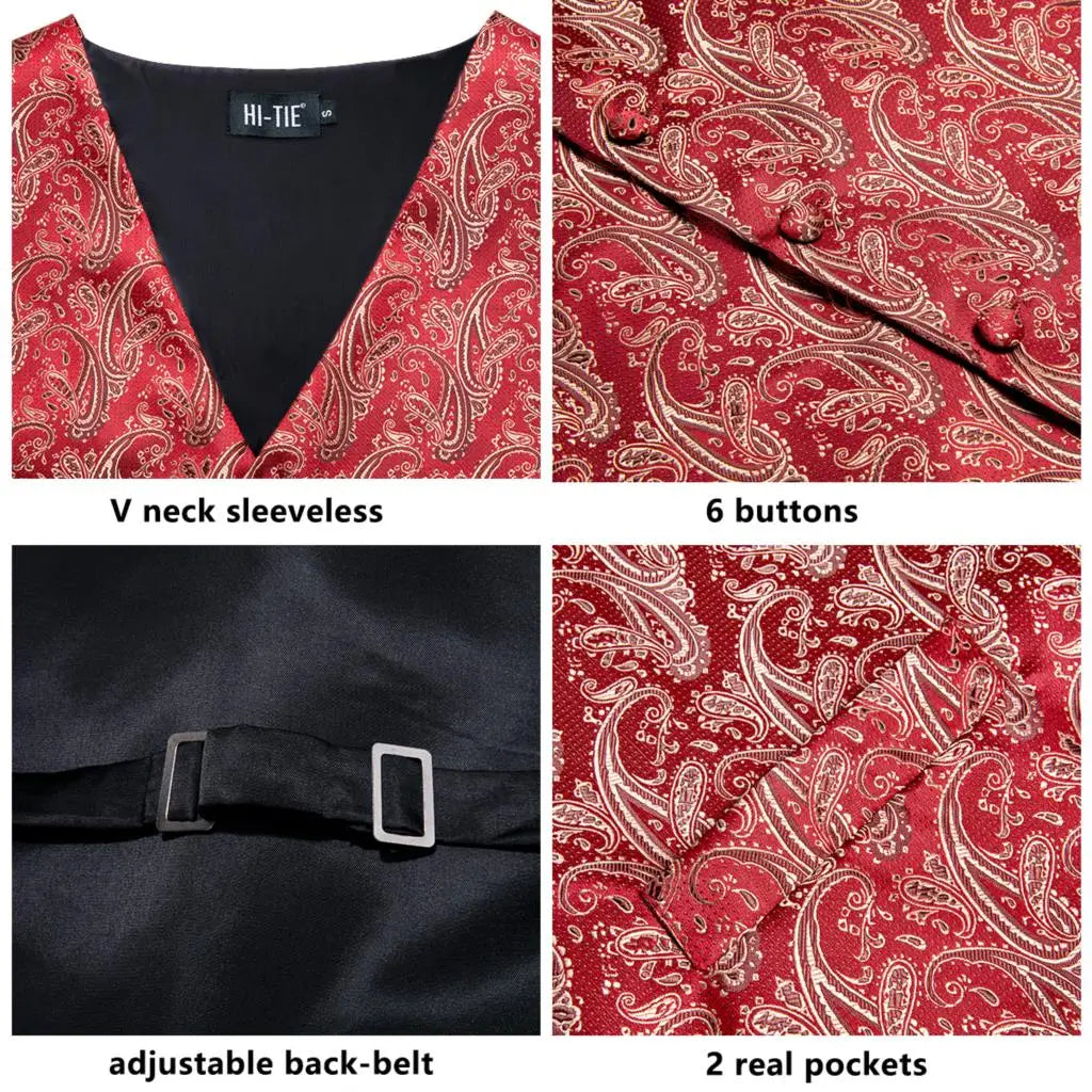 Fashion Silk Vest For Men Classic Gold Champane Yellow Waistcoat Jacket Tie Hankerchief Cufflinks Sets Dress Suit Wedding Hi-Tie