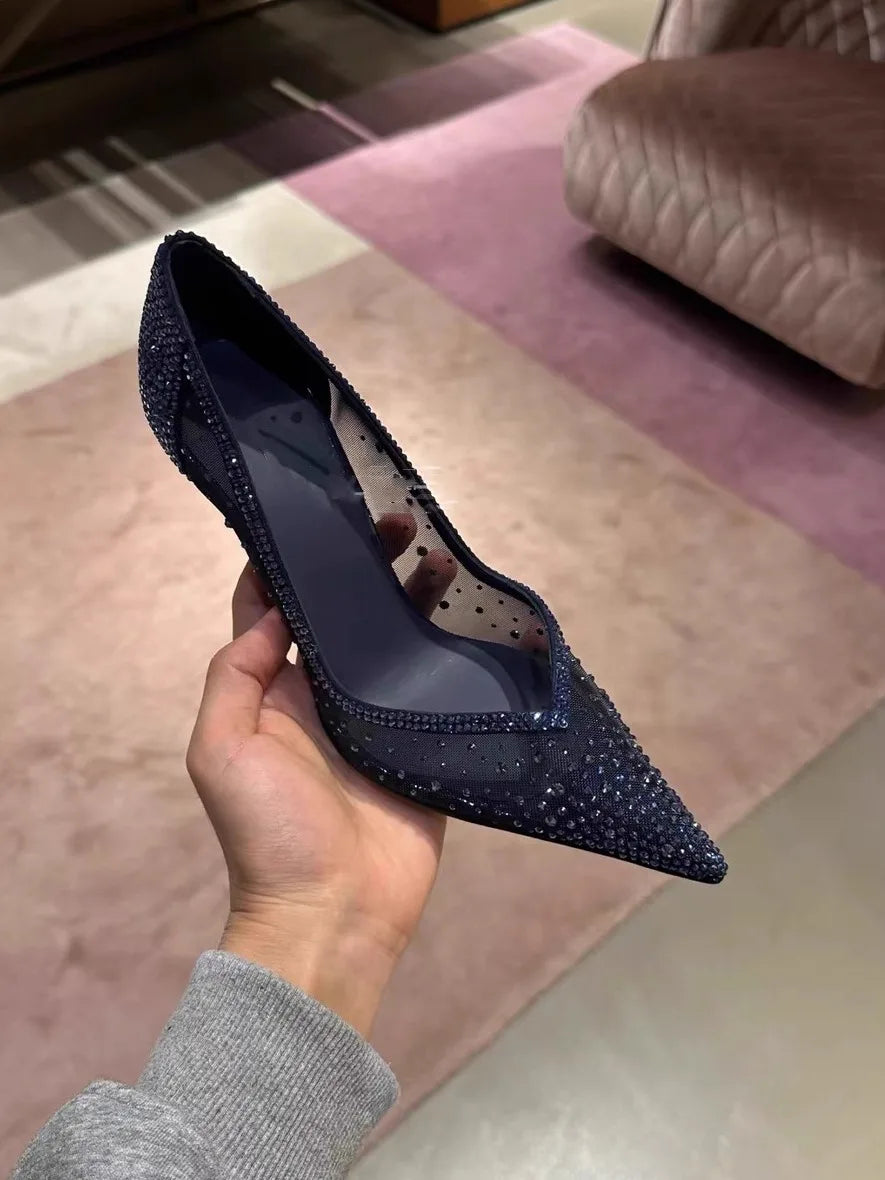 New mesh rhinestone pointed thin heel high heels for women, shallow mouth single shoes, sexy spicy sandals
