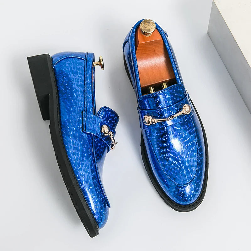 Men's Glossy Leather Shoes European American Luxury Blue High-end Banquet Loafers Commuting Party Dress Formal Shoes Size：38-46