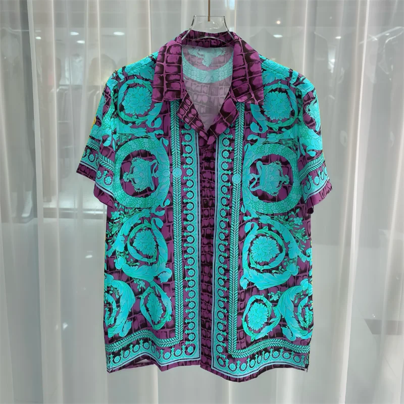 Luxury Royal Short sleeved Shirt for Men's Summer Casual Social Paisley Striped Side Flower Printed Shirt