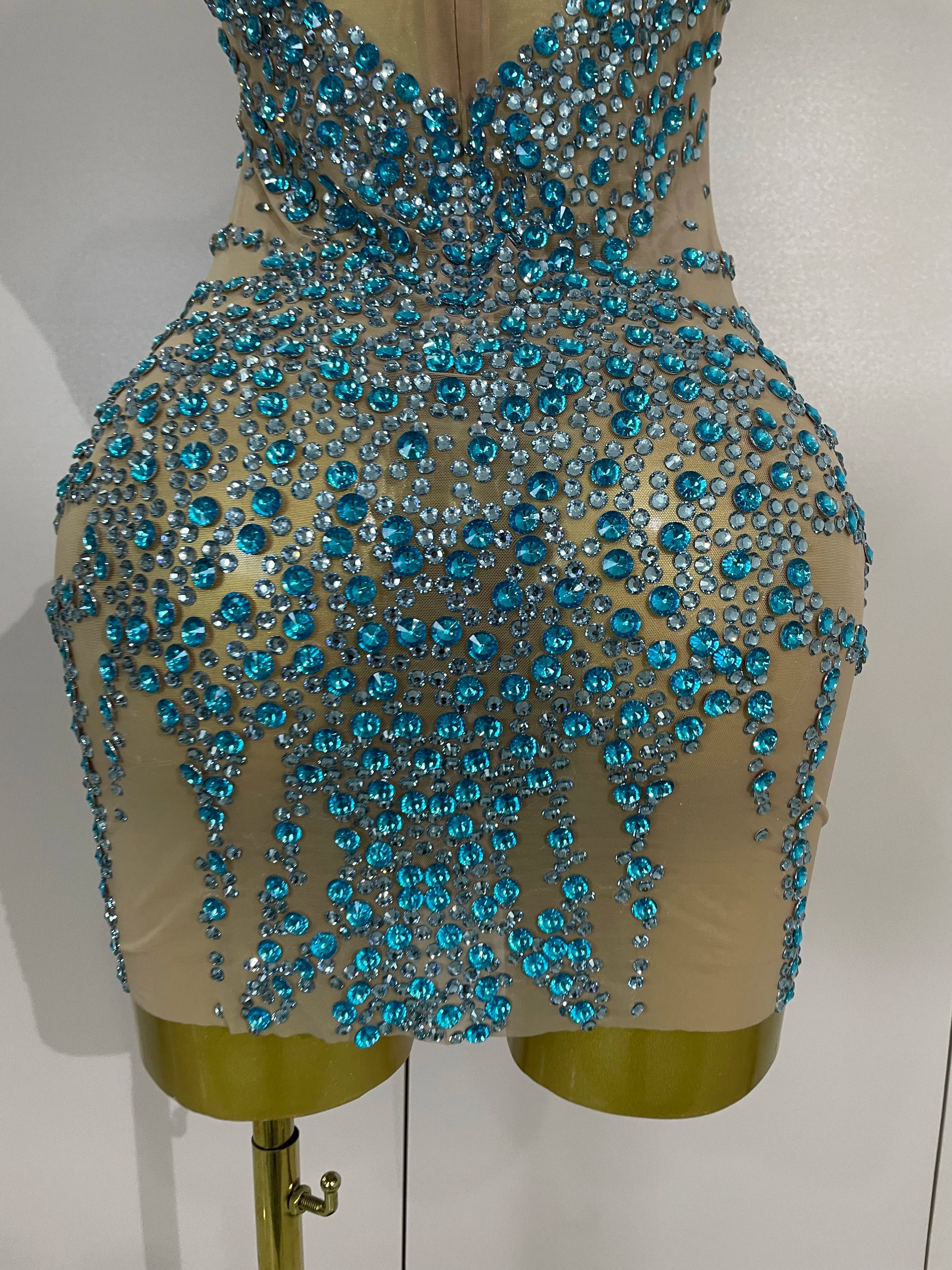 Sparkly Rhinestones Sexy Mesh See Through Dress Party Evening Prom Celebrate Birthday Dress Singer Dancer Show Stage Wear