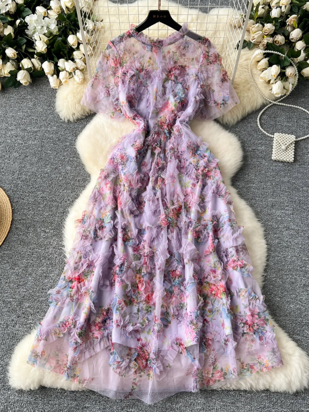 Runway Summer Autumn Holiday Floral Midi Tulle Prom Dress