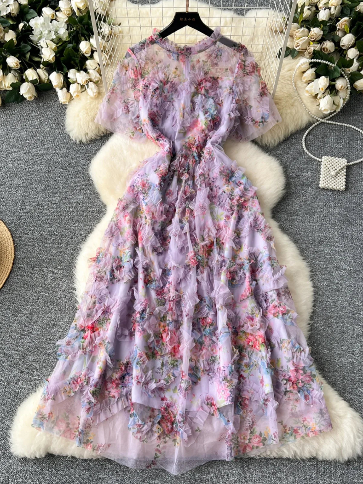 Runway Summer Autumn Holiday Floral Midi Tulle Prom Dress