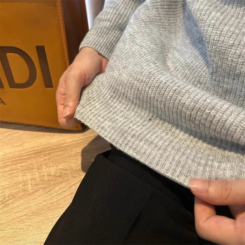 Mens Knit Sweater Autumn Winter Pullover Korean Soft Heavyweight Knit Polo Sweaters Minimalist Long Sleeve Solid Casual Top