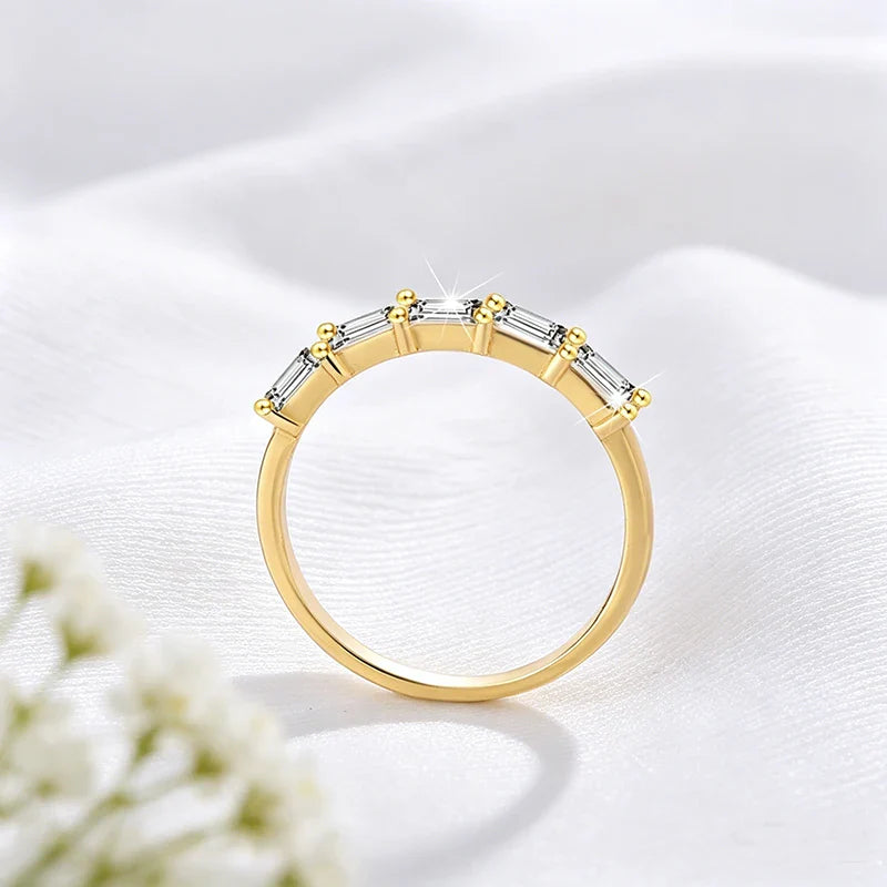 2*4mm Emerald Cut Moissanite Rings 5 Gems Female Wedding Bands for Women Match Diamond Real S925 Sterling Silver Jewelry