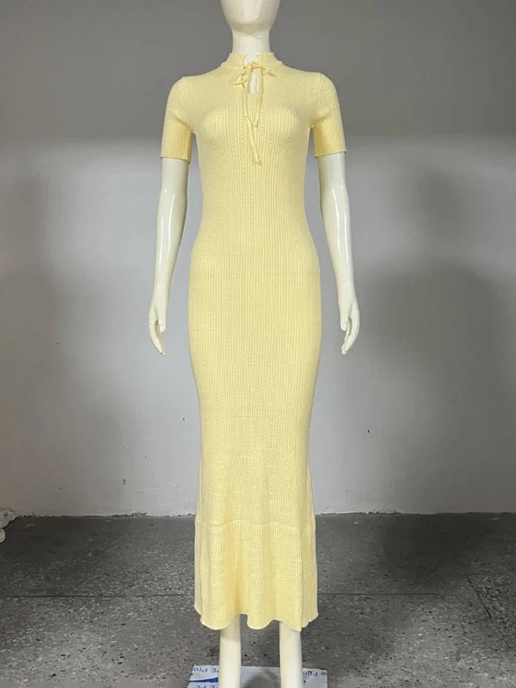 Tornova Retro Knitted Long Dress Female Short Sleeve Slim Hollow Retro Elegant Sweater Dress 2025 Summer High Waist Woman Dress