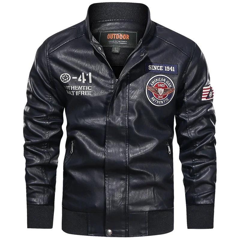 Men’s PU leather motorcycle jacket, color block pilot style, baseball collar, spring autumn, M–XXL