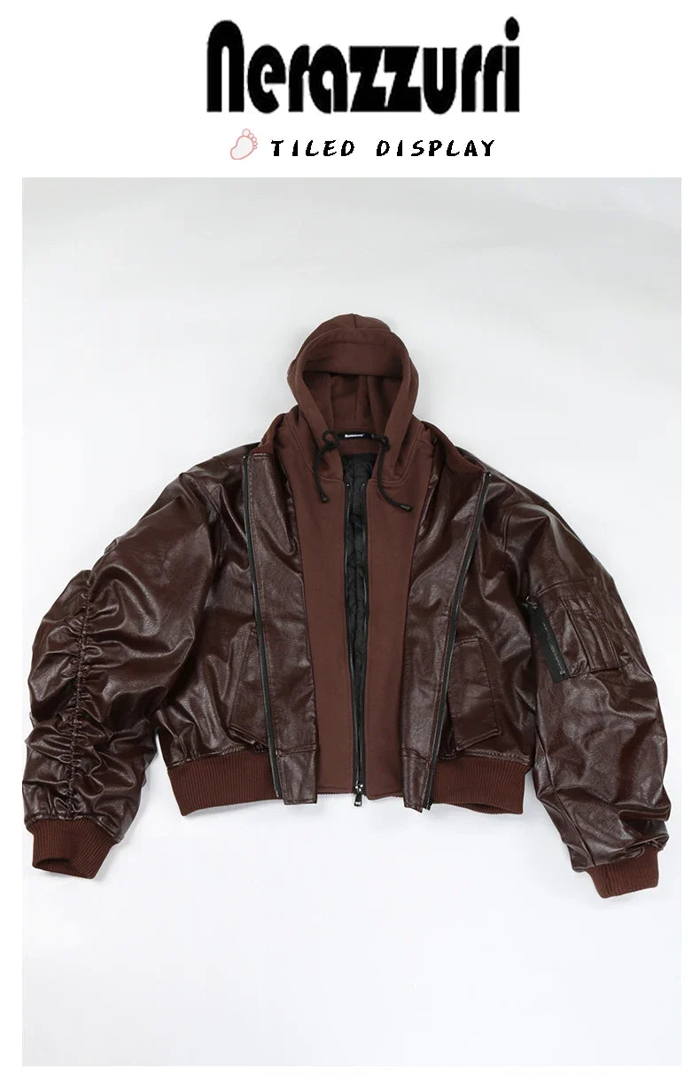 Autumn Winter Cool Handsome Oversized Brown Thickened Warm Leather Jacket Men with Hood Fake 2 Piece European Clothes