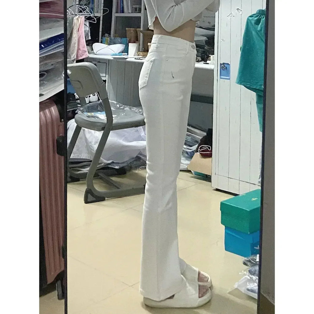 White Straight-leg Jeans Women's High-waisted Elastic Slimming Bootcut Pants Microflare Waistline Shredded Leggings Fashion