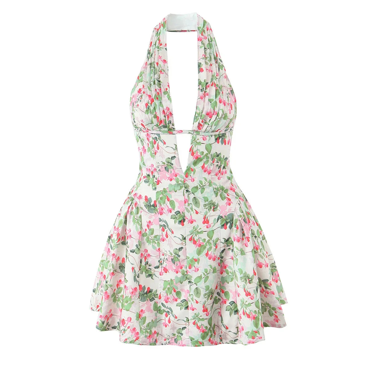 French Style Retro Polka Dot Deep V Halter Dress Women Sexy Backless A-line Slim Sweet Elegant Mini Dresses Summer Robe
