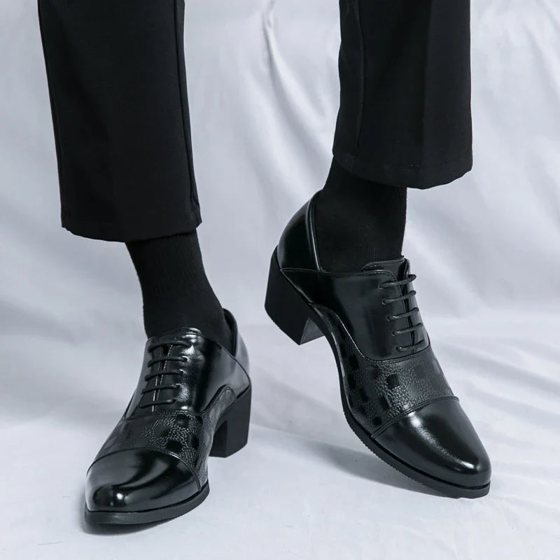 Elegant Mens Dress Shoes Retro Brown Pointed Toe Leather Shoes For Man British Style 6cm High Heeled Shoes Men zapatos de hombre