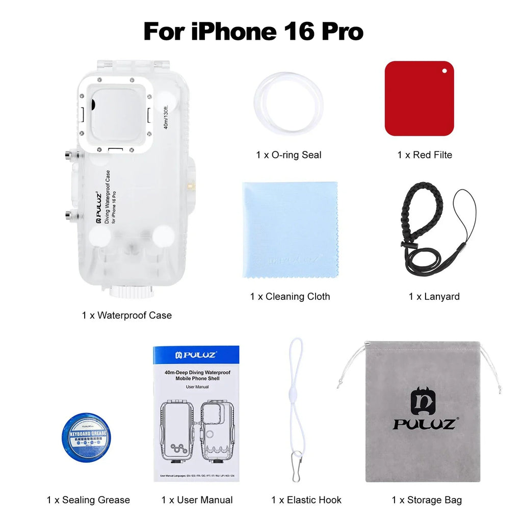 PULUZ 40m/130ft Waterproof Diving Case for iPhone 16 15 14 13 12 11 Pro Max Plus Photo Video Taking Underwater Housing Cover