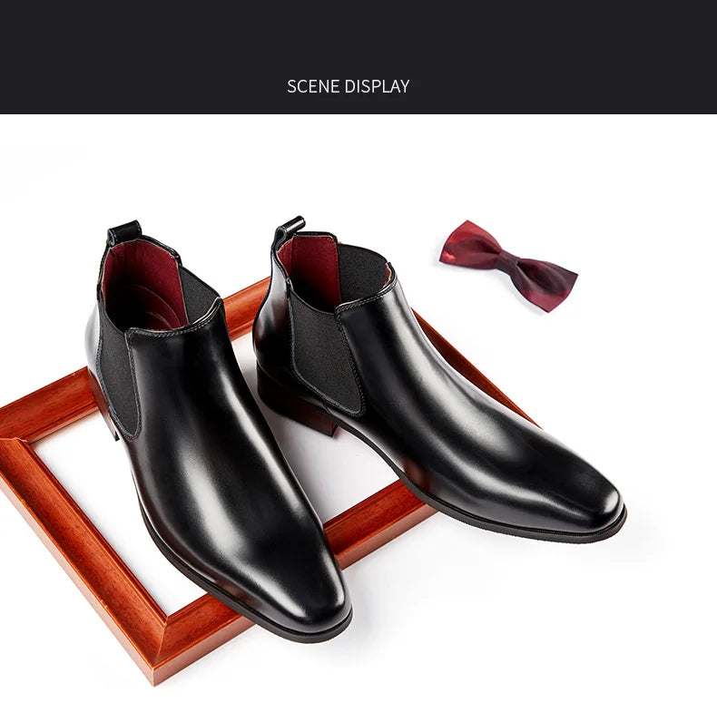 Elegant Simple Men Leather Boots Long Tip Square Toe British Chelsea Boots for Men Formal Business Luxury Shoes Spring Winter