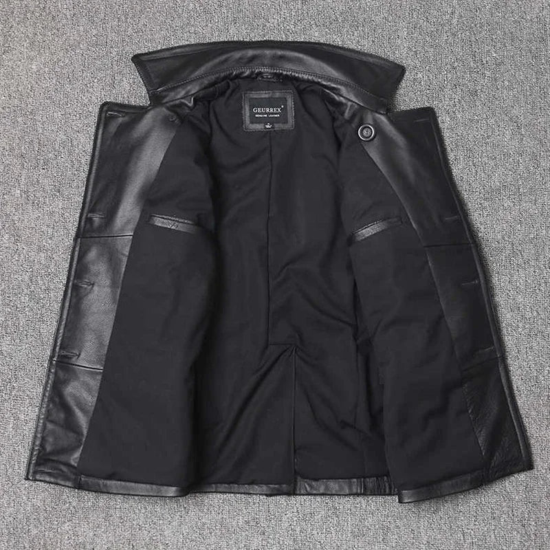 Genuine Leather Jacket Men's Top Layer Cowhide Jacket Mid-Length Men's Lapel Windbreaker Slim-Fit Jacket Double-Breasted