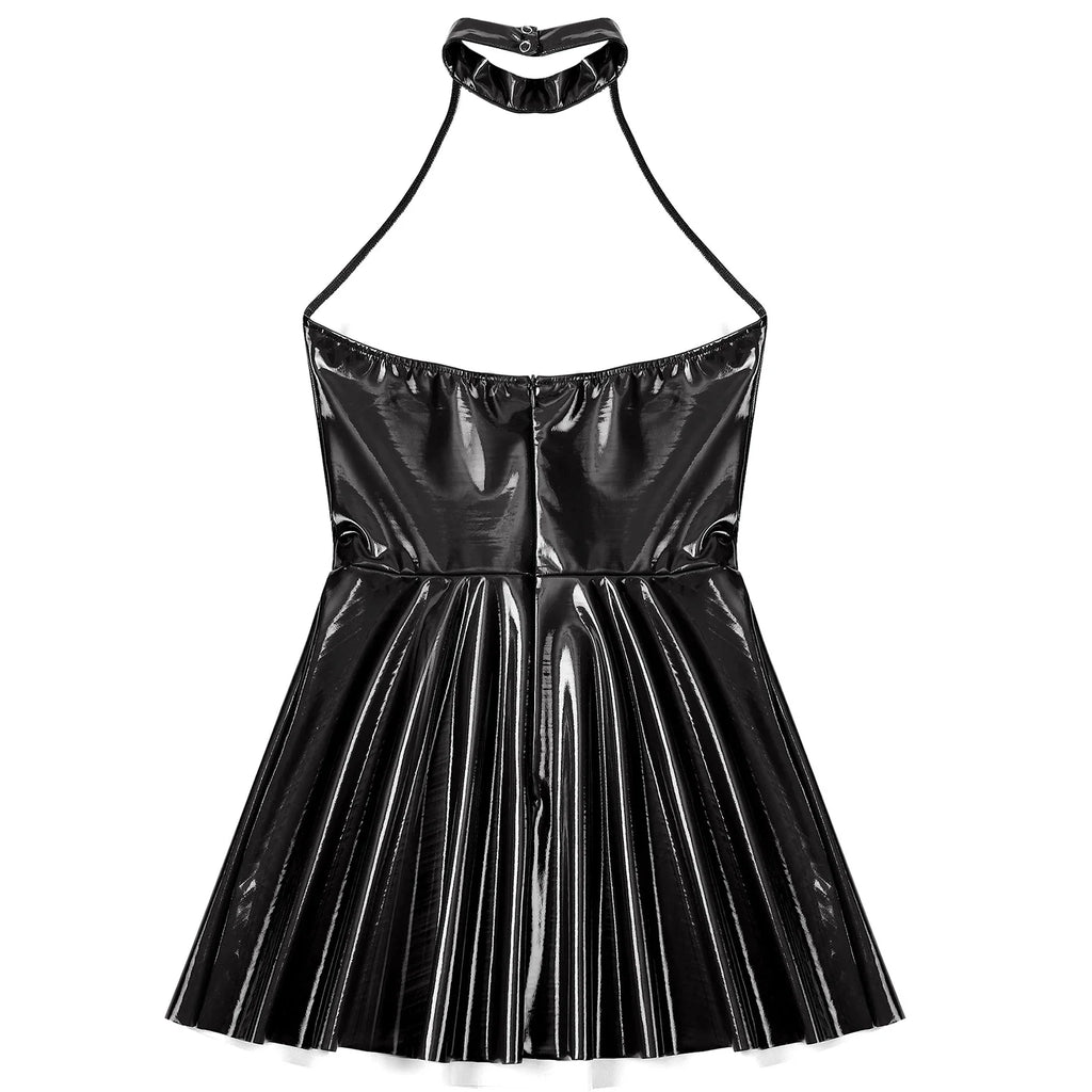 Womens Glossy Patent Leather Glossy Mini Skater Dress Halter Backless Bodycon Lingerie A-Line Dresses Rave Disco Party Clubwear