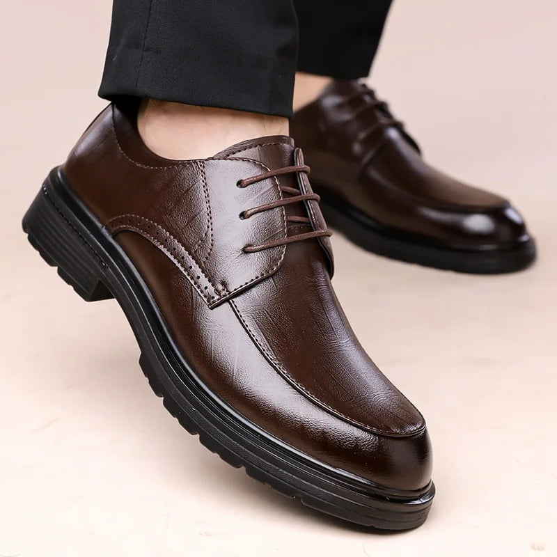 Men's Lace-up Business Casual Leather Shoes Spring Autumn New Platform Work Shoes Male Fashion Solid Color Dress Shoe Man