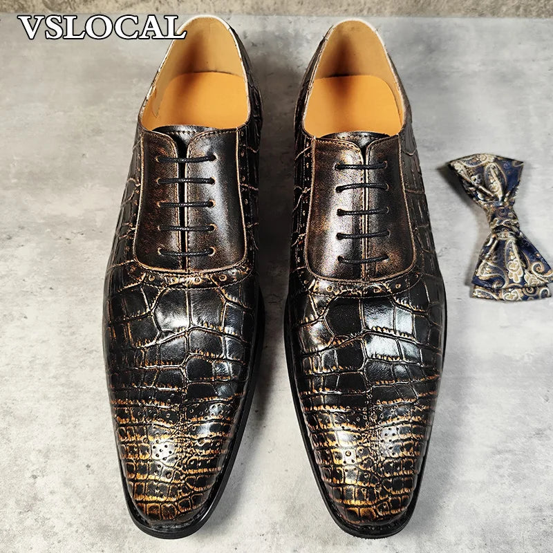 Luxury Brand Men Oxford Shoes Lace-up Crocodile Print Casual Men Classic Dress Shoes Banquet Party Leather Shoes For Men