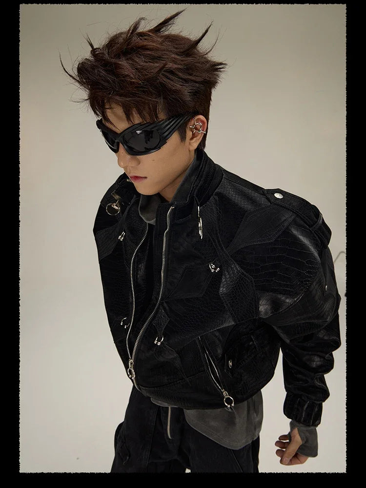 Spring Autumn Cool Handsome Crocodile Print Patchwork Pu Leather Jacket Men Color Block Luxury Designer Clothes 2024
