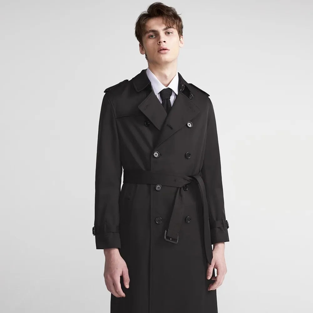 Spring Autumn Long Chic Khaki Trench Coat Men Belt Double Breasted Elegant Luxury British Style Black Overcoat 2025