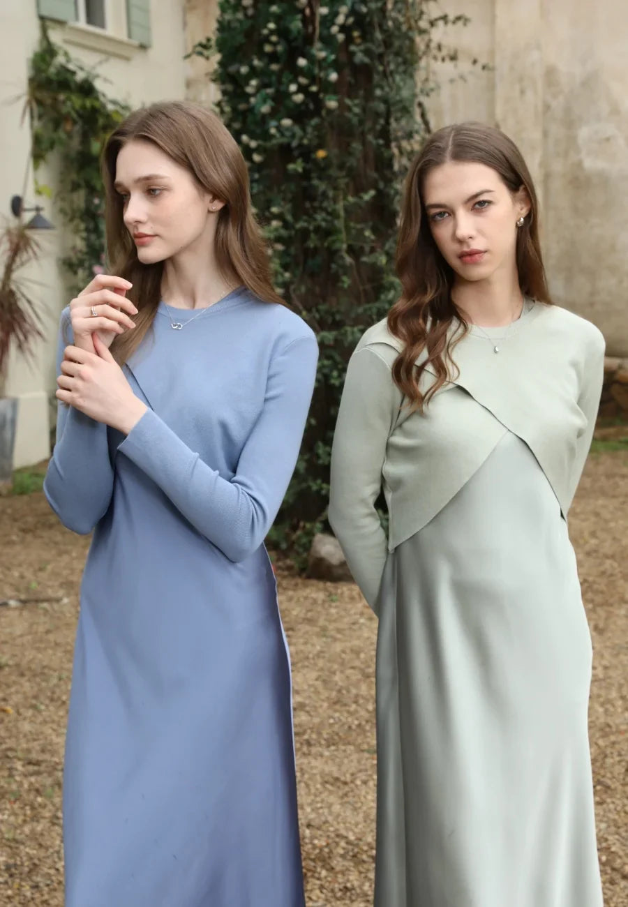 2025 spring summer elegance satin dress + knitted top match set maxi floor length woman clothes