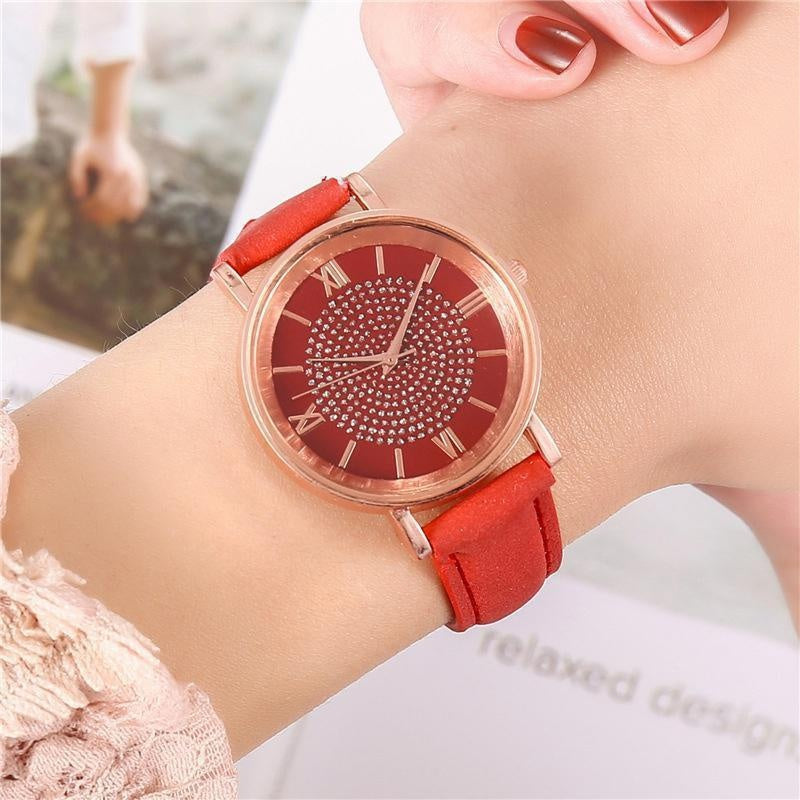Women Watch Ladies Rhinestone Dial Wristwatch Leather Band Quartz Watches Gifts