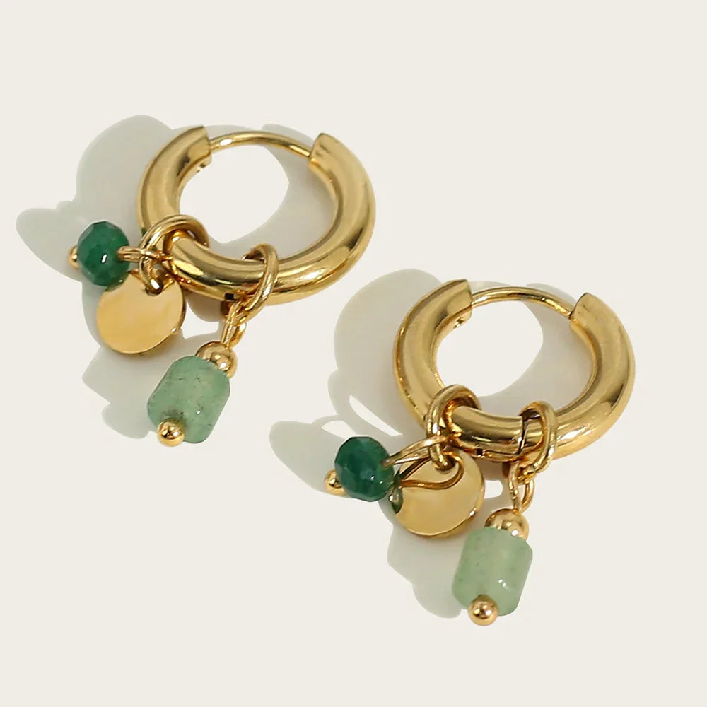 18K Gold Plated Stainless Steel Hoop Earrings for Women Vintage Green Natural Stone Charms Trendy Waterproof Jewelry