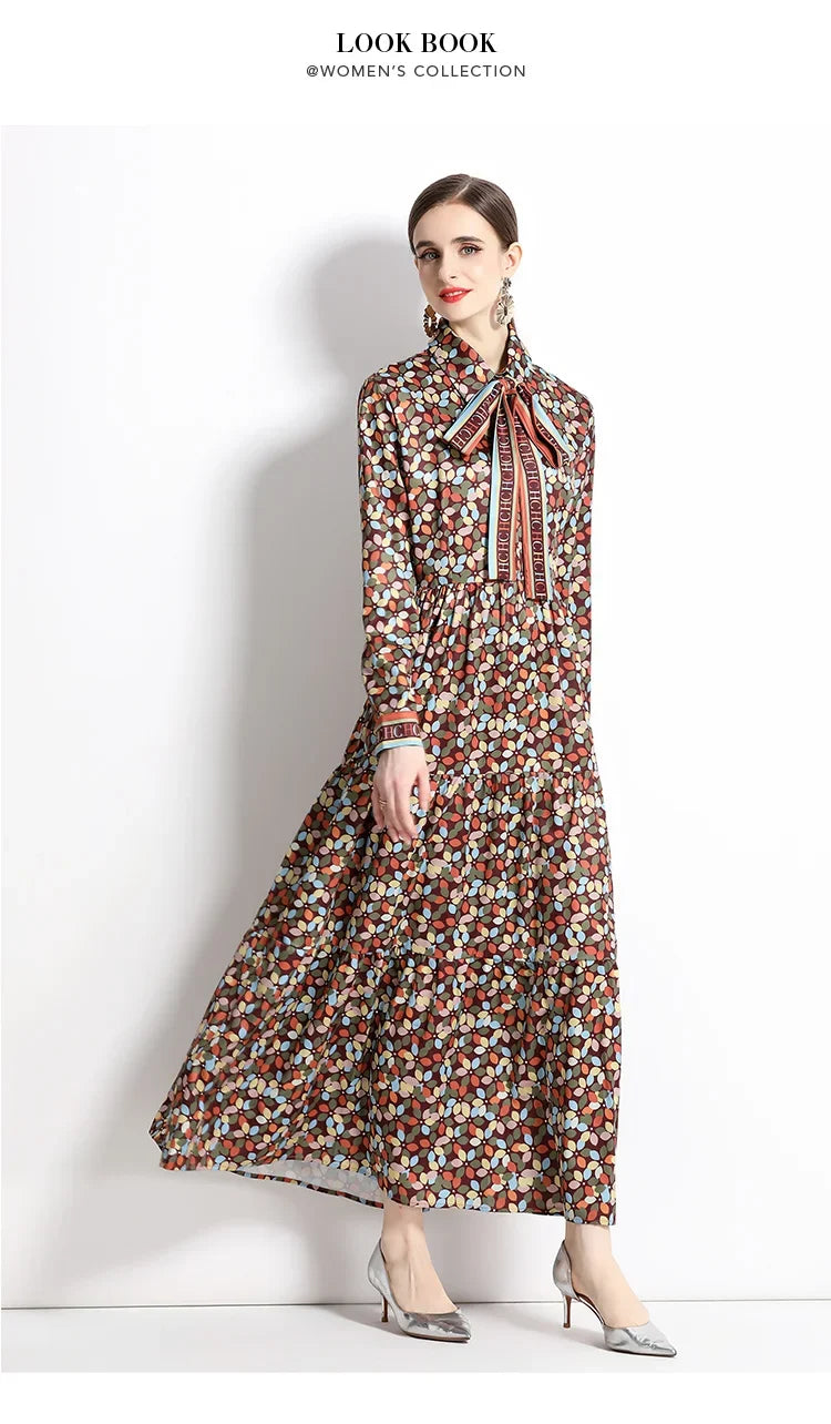 2024 Autumn New Women's European and American Versatile Waist and Slimming Letter Positioning Printed Dress A-line Long Dress