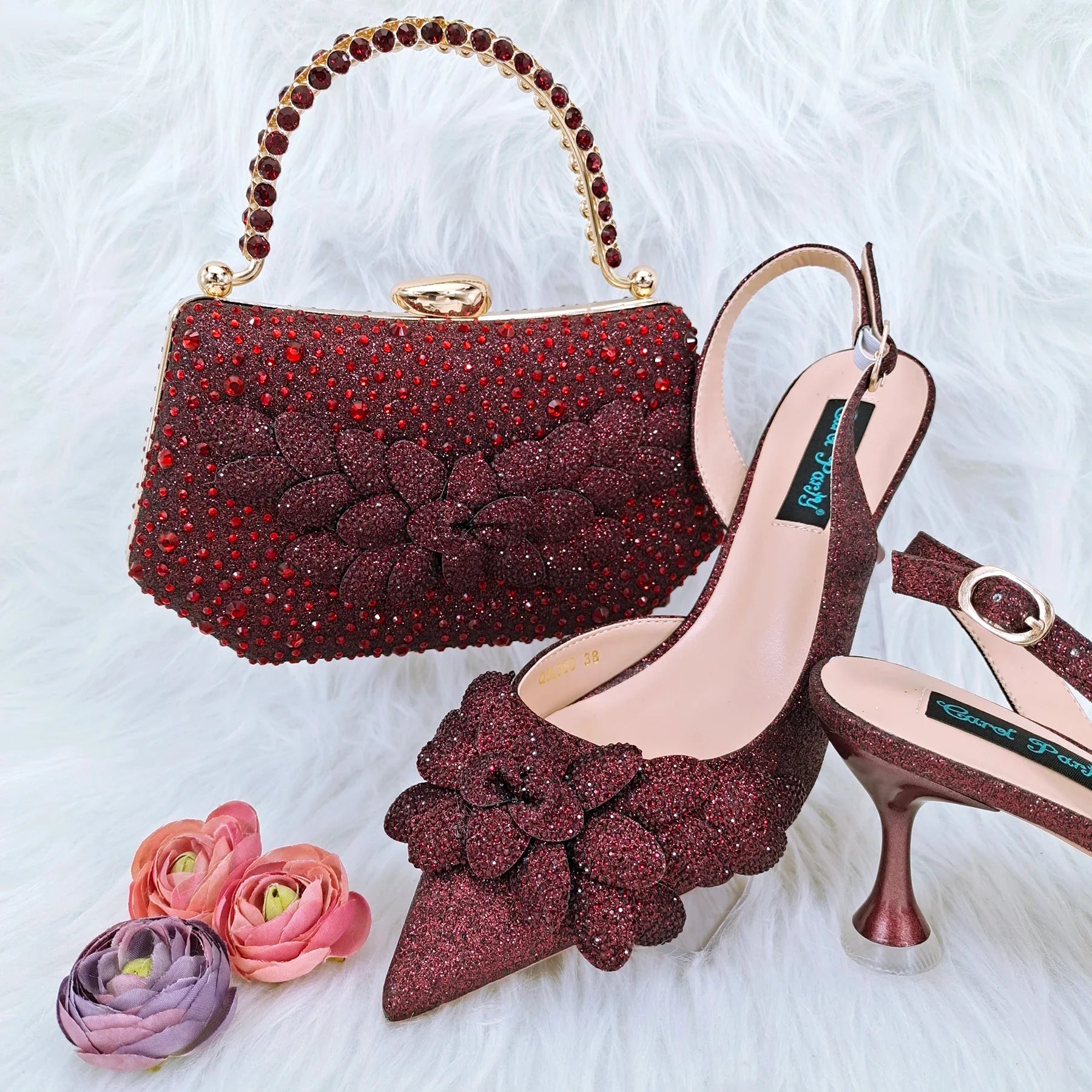 Handmade Garland Gag and Shoes Pointed Toe Pumps Crystal Handle Clutch