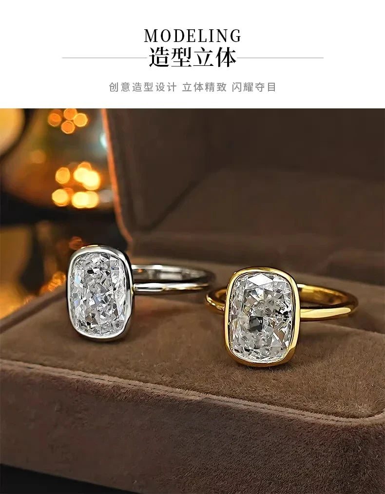 S925 Silver 8 * 11mm Fat Square White Zircon Ice Flower Cutting Ring Set with Classic Commuter Women's Jewelry
