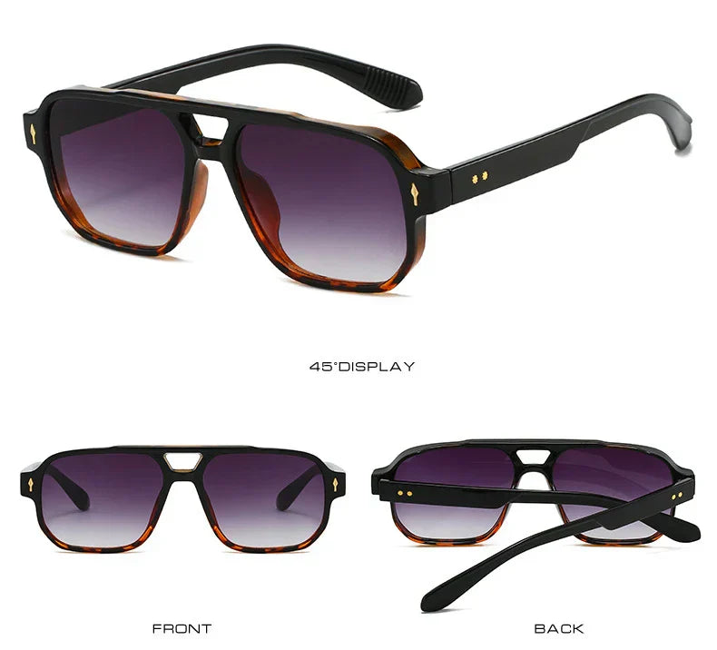 Vintage Double Bridges Men Square Sunglasses Fashion Clear Ocean Lens Eyewear Women Trending Rivets Sun Glasses UV400