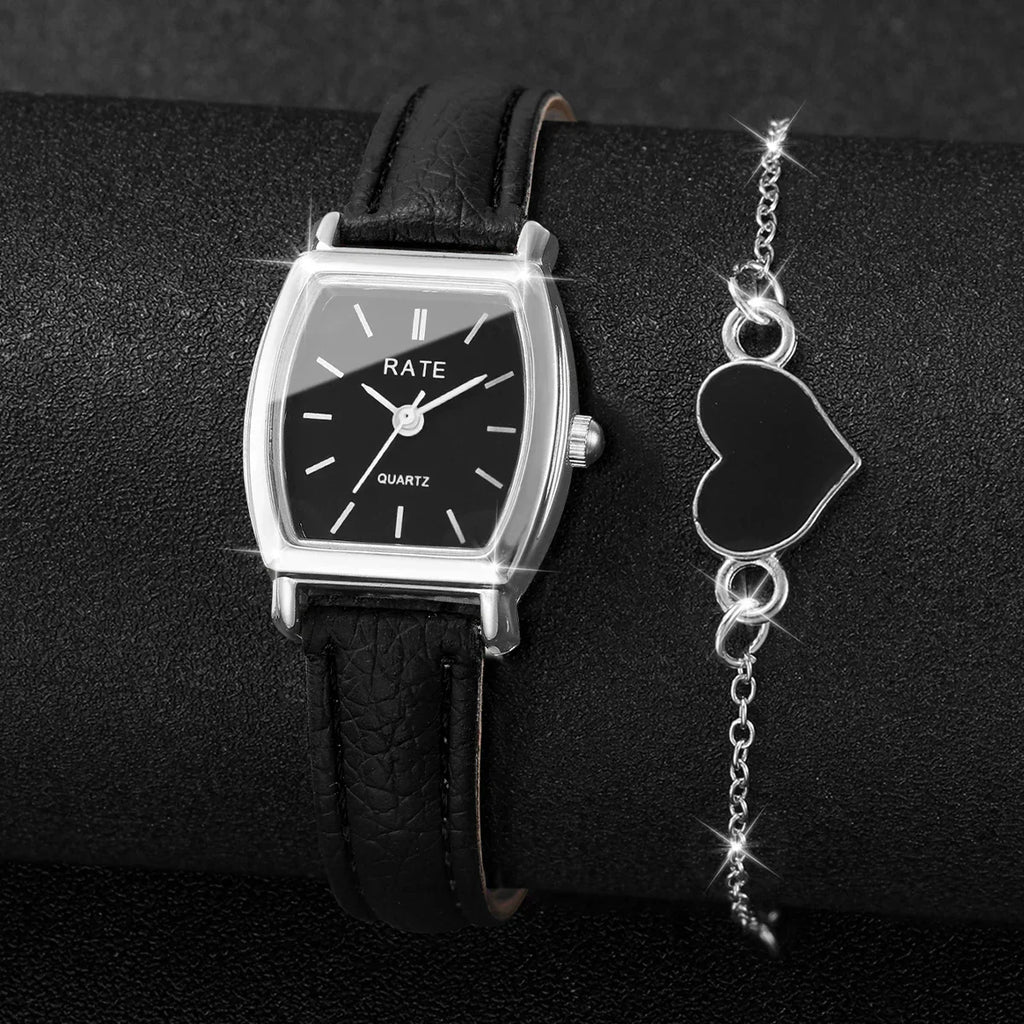2PCS Fashion Leather Strap Quartz Wristwatches Set With Heart Bracelet Casual Simple Dial For Ladies Clock(Without Box)
