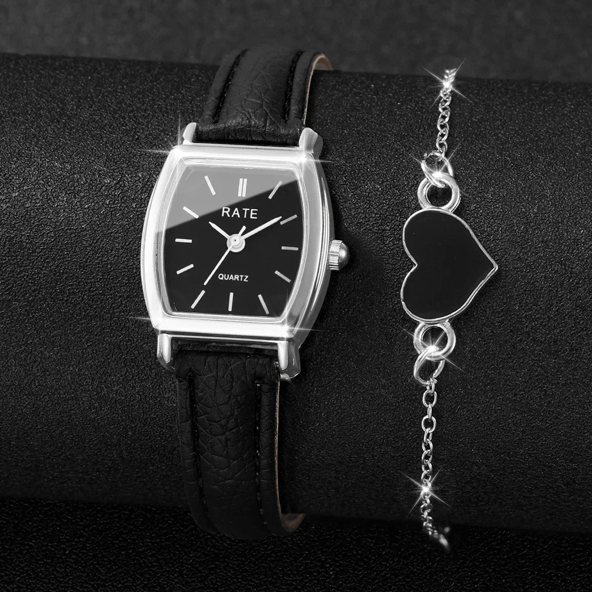 2PCS Fashion Leather Strap Quartz Wristwatches Set With Heart Bracelet Casual Simple Dial For Ladies Clock(Without Box)