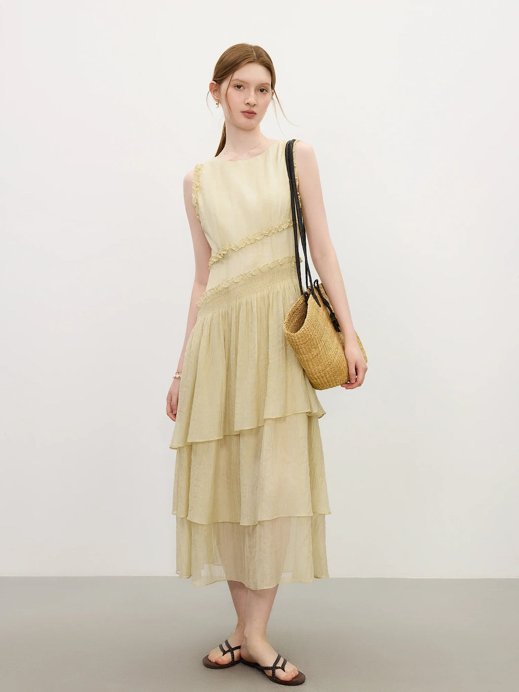 Summer 2025 Textured Pleat Dress - Fluid Asymmetric Hem Sleeveless Resort to Office Elegant Silhouette