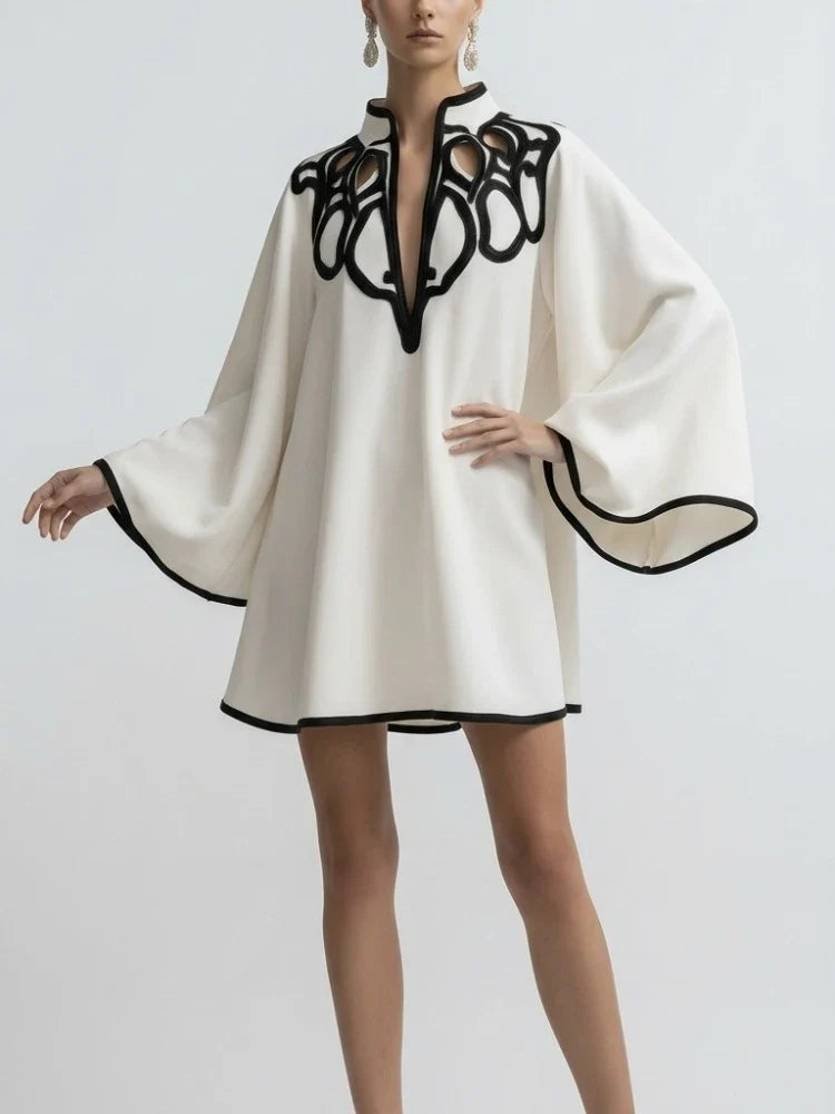 Freeacy Hollowed V-neck Mini Dress for Women Flared Sleeves A-line Pleated Dress 2026 Stylish Contrast Trims Elegant Party Dress