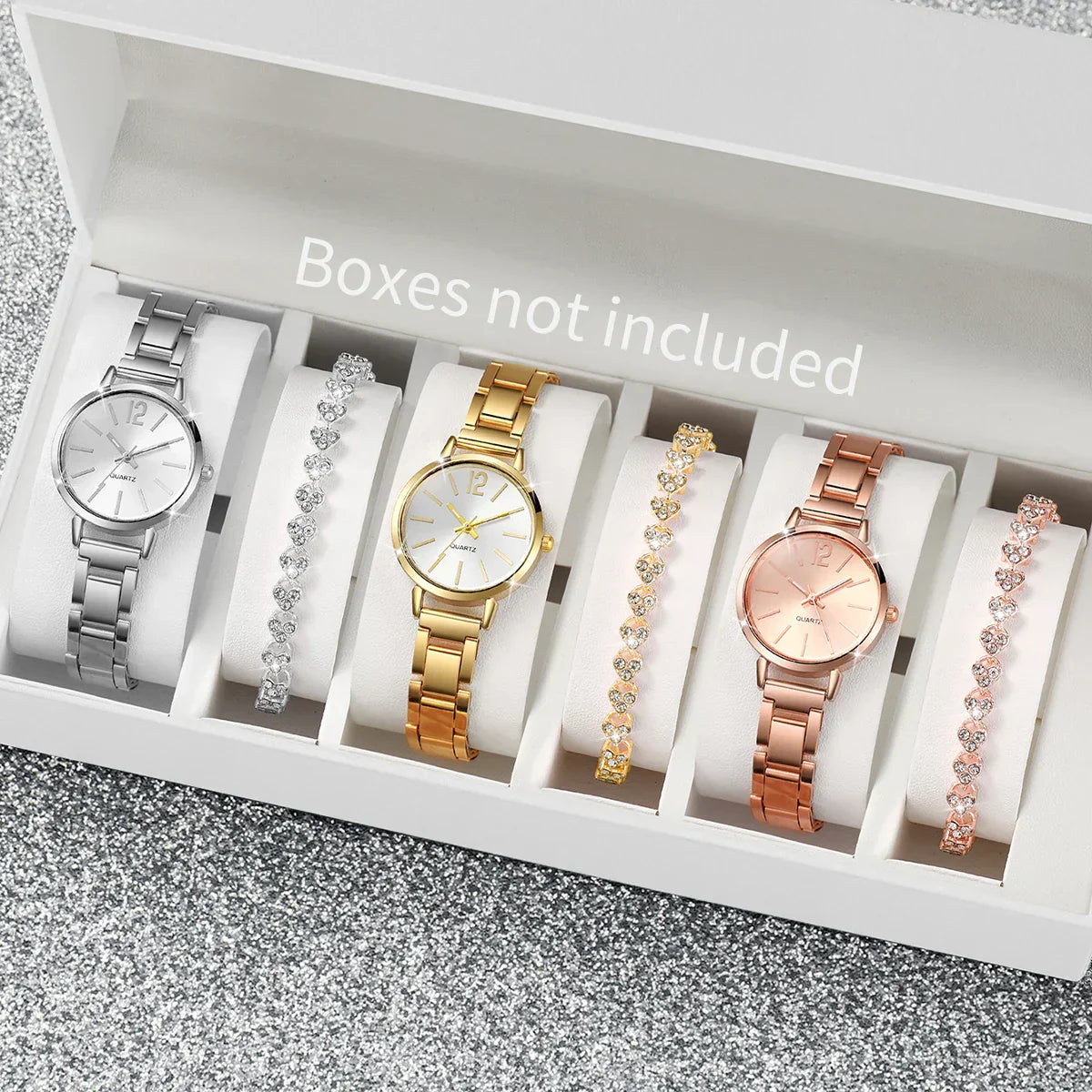 6PCS/Set Women's Watch Fashion Steel Band Quartz Watches Diamond Bracelets Set（Without Box）