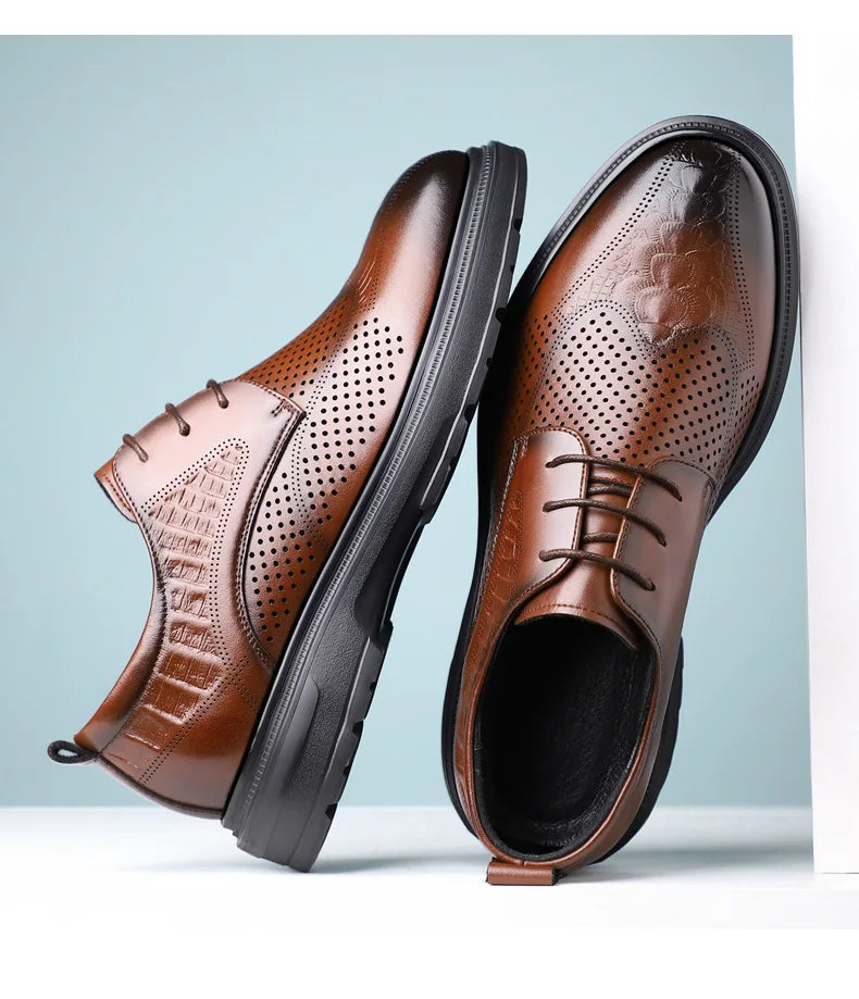 2026 Summer New Men's Cow Leather Oxford Shoes Hollow Out Formal Business Dress Shoes Male Non-slip Fashion Platform Shoe Man