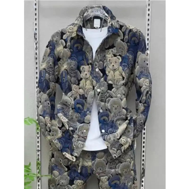 Spring Autumn Men's Sets Fashion Bear Printing Jacket  Trousers Two-Piece Leisure Sports Suit