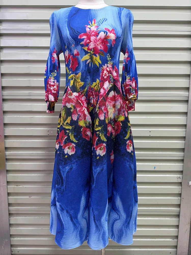 Miyake Pleated Dresses 2026 Autumn New Gentle French Print Elegant Stretch Plus Size Women's Long Sleeve Bounce Flower Bud Dress