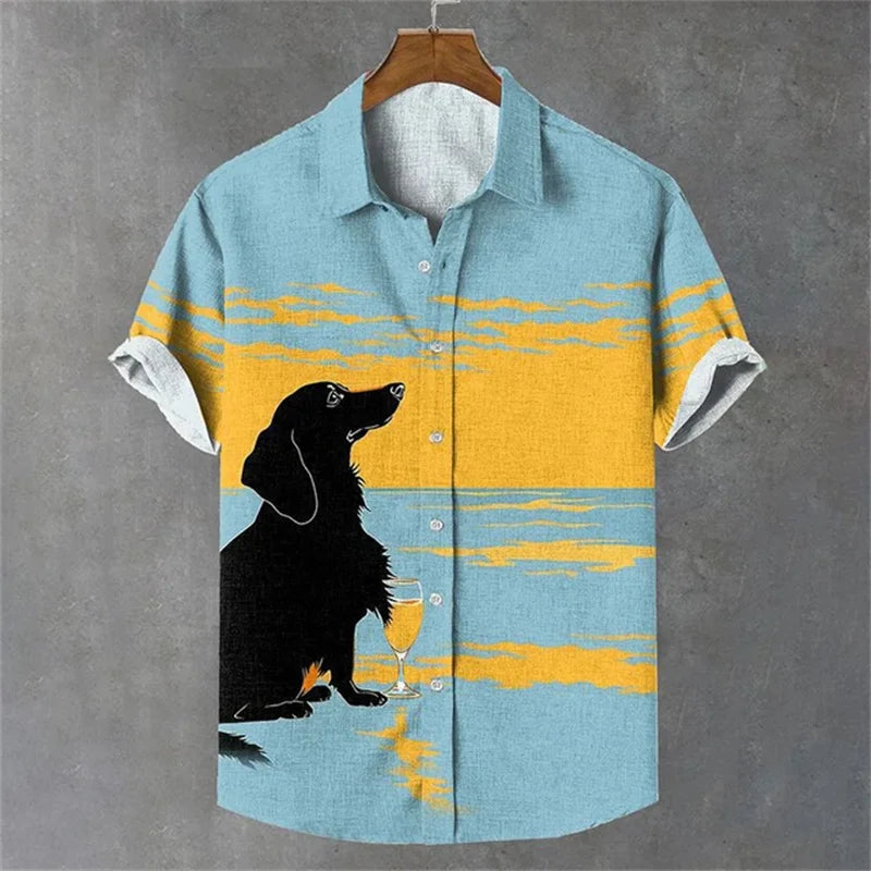 Short sleeved high-end shirt top printed street party social fashion 2024 men's shirt plus size elegant and handsome dog