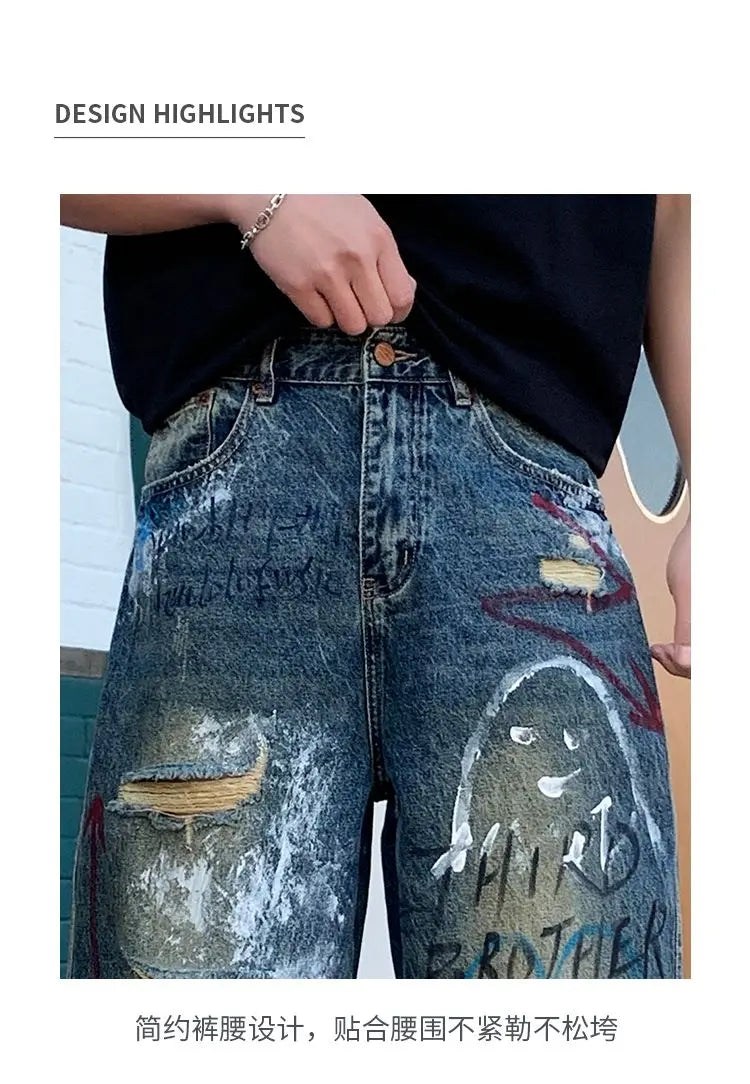 New street graffiti ripped painted jeans for men, straight-leg, loose, wide-leg, trendy brand, stylish high-end