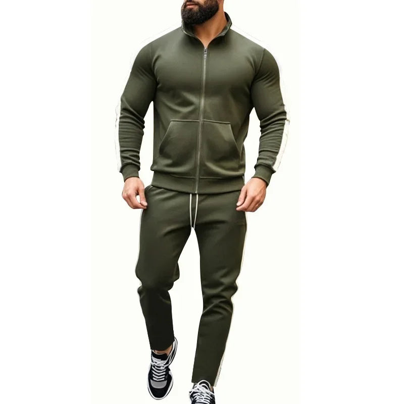 2025 Spring Autumn Men's 2-Piece Set Color Blocking Zipper Stand Collar Casual Sports Jacket Sweatshirt Trousers Suit