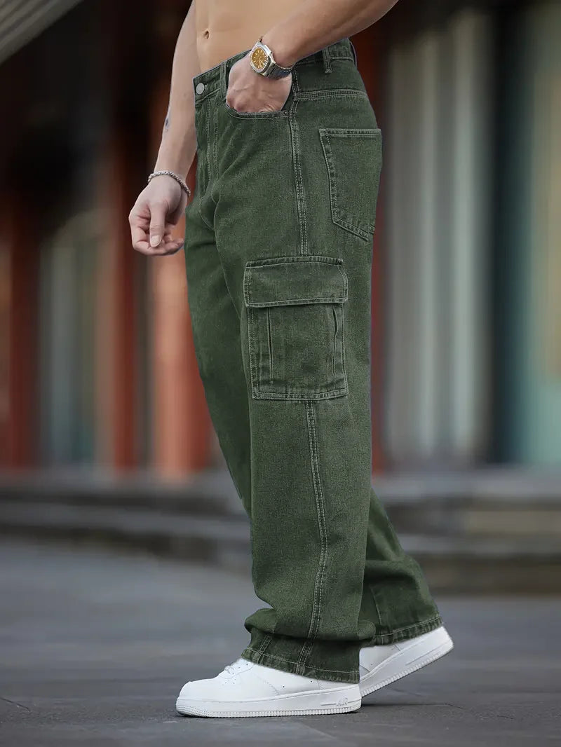 Men's Deep Blue Washed Denim Workwear Jeans Casual Multiple Pockets Design Loose Wide Leg Trousers Y2K Style Cargo Pants