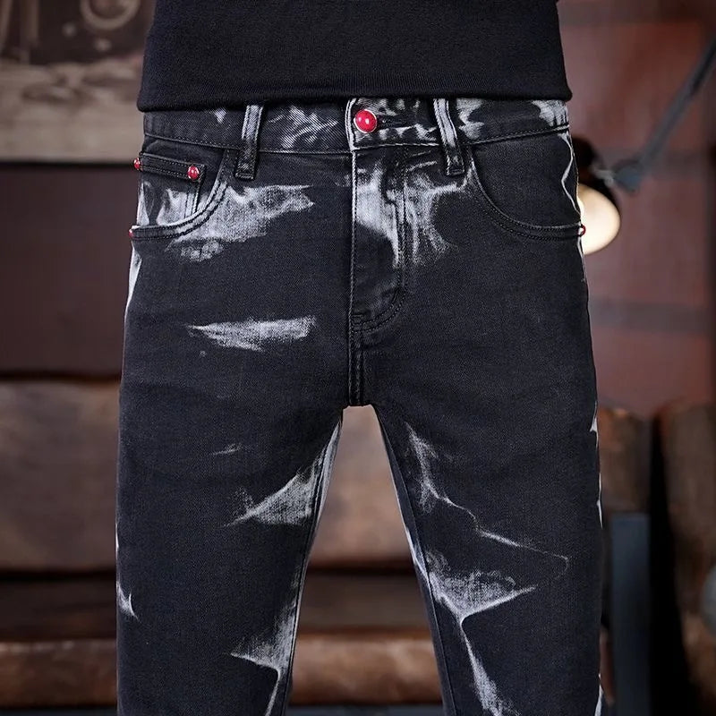Spring and Autumn New Fashion Trend Retro Printed Straight Leg Elastic Jeans For Men's Casual Sports Comfort High-Quality Jeans