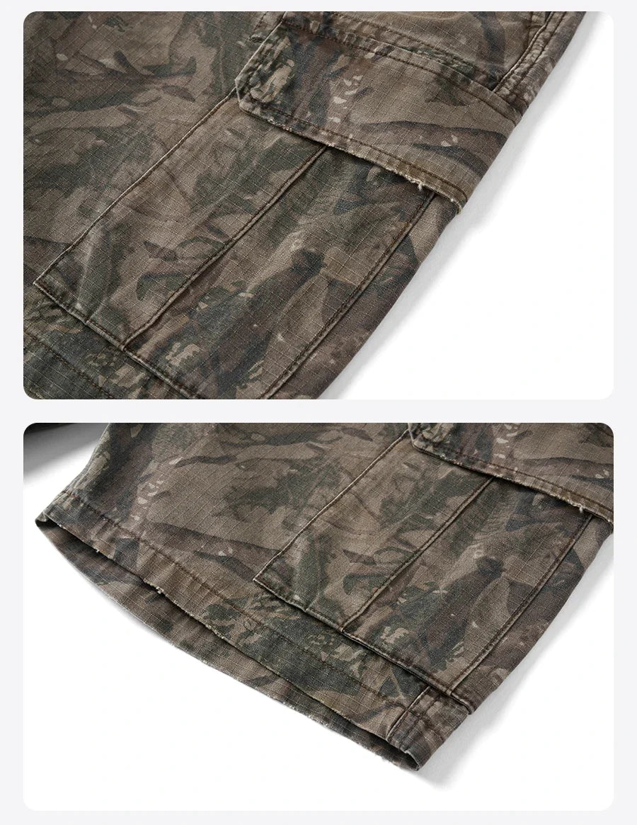 2026 Summer New Distressed Camouflage Shorts Men Loose Baggy Cargo Pants 270gsm Cotton Washed Frayed Hem Tactical Shorts