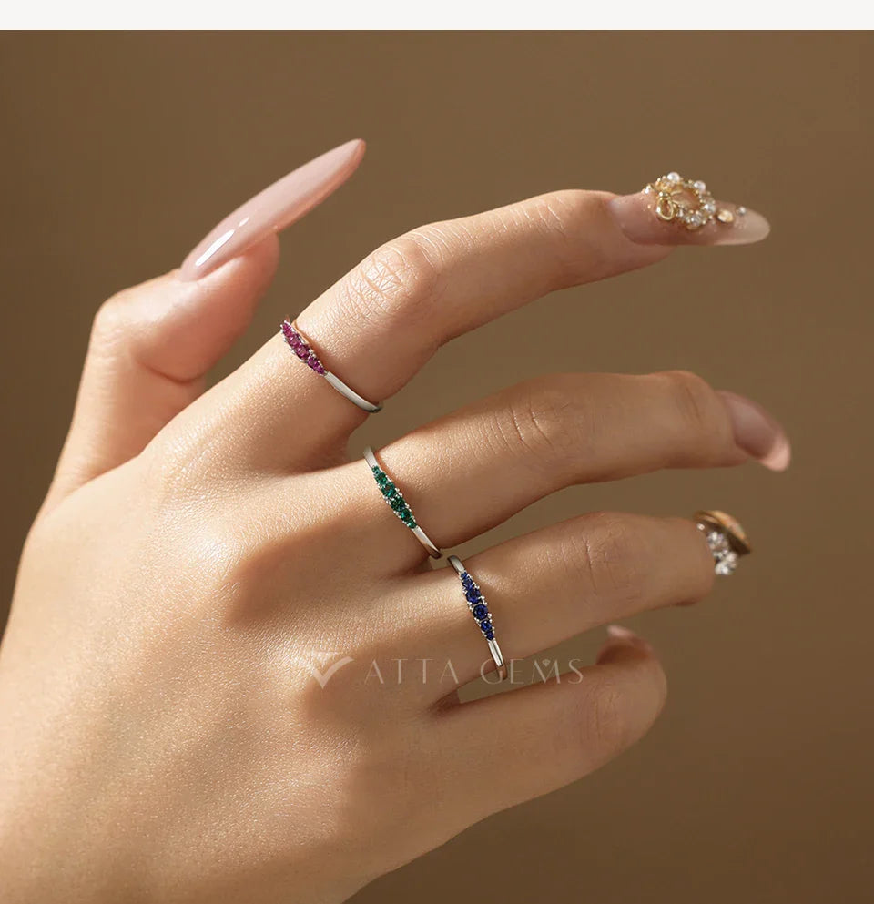 S925 Silver Ruby Women Ring Sapphire Men's Ring Minimalist Graduated Emerald Stackable Band May Birthstone Jewelry Gift
