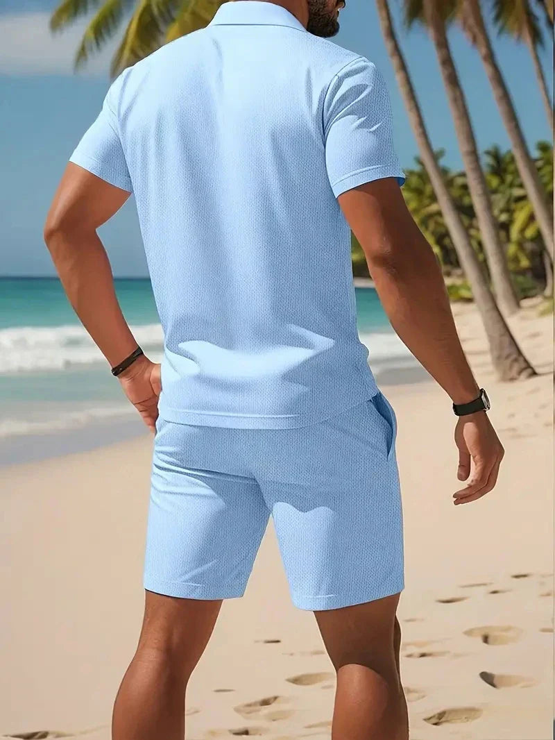 Summer Casual Versatile Fashion Short-Sleeved Button-Down Polo Shirt And Breathable Mesh Shorts Set for Men Plus Size