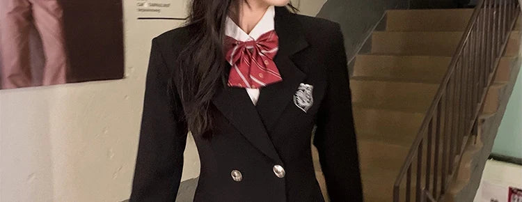 Sweet Style Suit Dress Korean Drama Main Character Waist Cinched Beautiful  Skirt College Style High Waist Double Breaste...